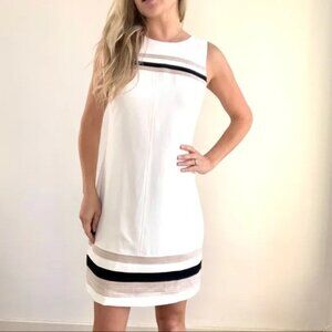 2/$30 White House Black Market Striped Sheath Dress Ecru w Black 6 #A0115